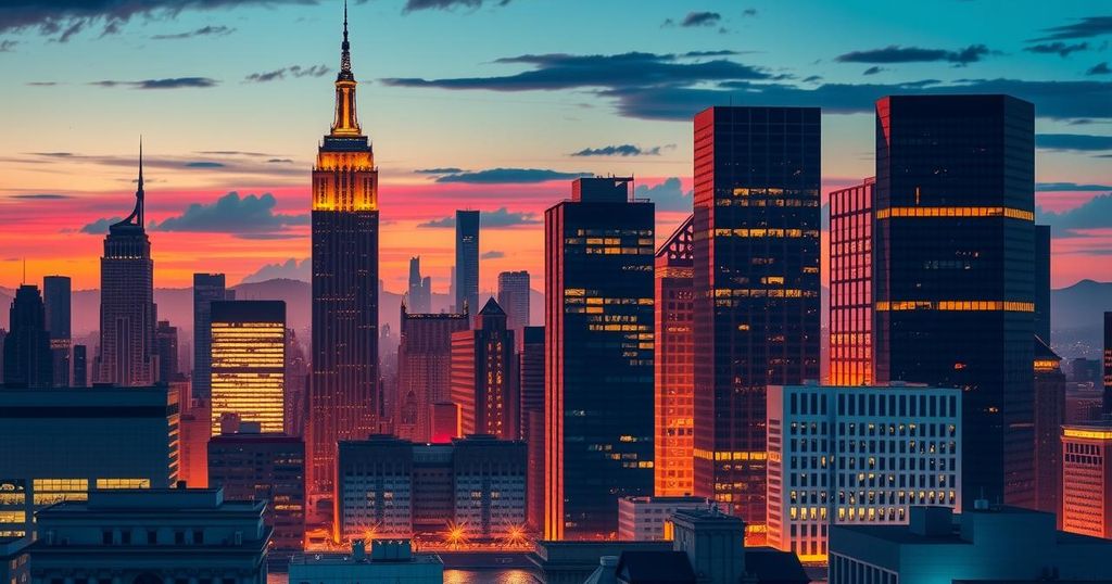 New York skyline at dusk, symbolizing a political comeback and ambition, captured in vibrant colours with a modern style.