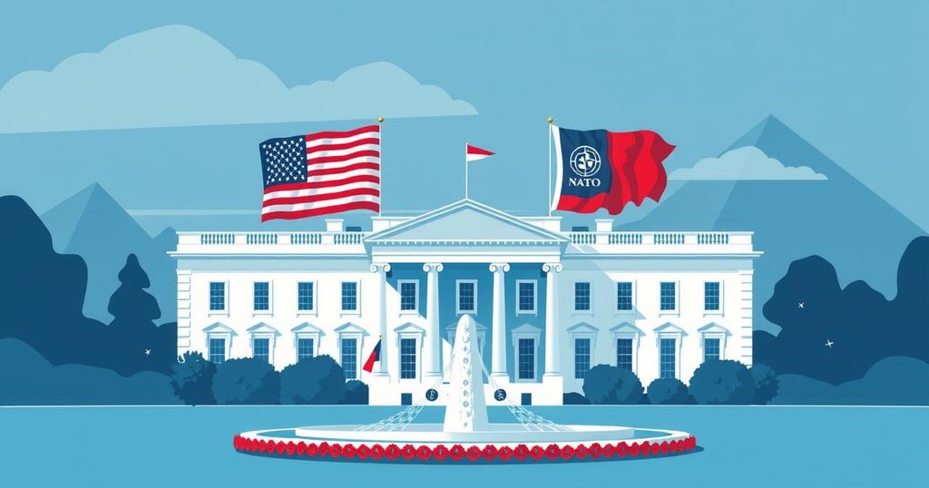 A political landscape depicting a White House with NATO and US flags, surrounded by symbols of international diplomacy.