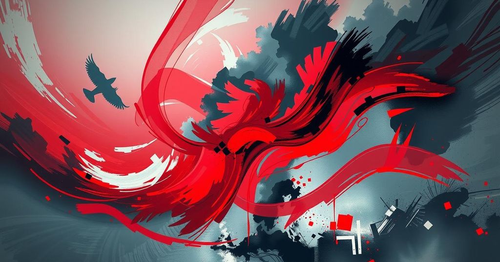 A dramatic abstract illustration of rising tensions with a dark palette and bold strokes.