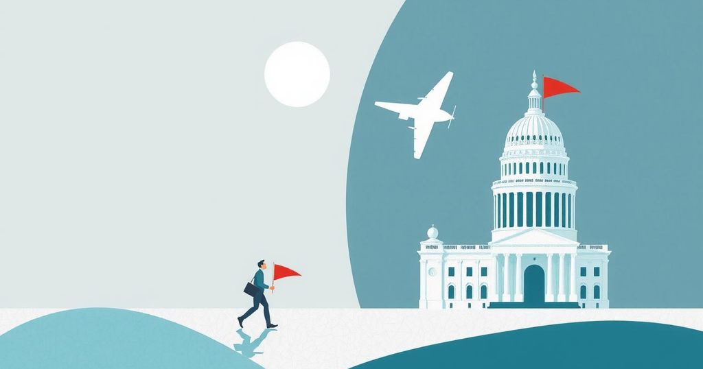 A stylized representation of political change, featuring abstract symbols of efficiency and transformation in government.