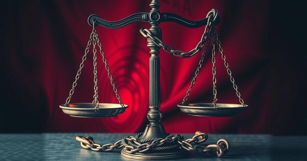 A dramatic illustration symbolising justice through chains and scales, featuring dark tones with red accents.