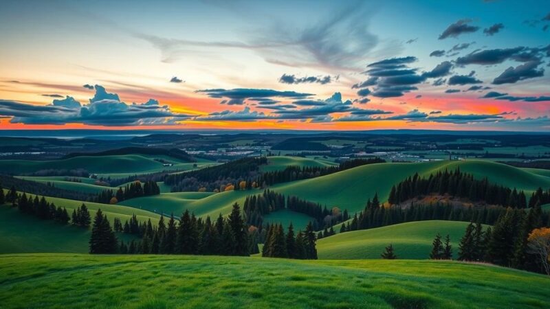 A scenic Canadian landscape symbolising change in politics, featuring rolling hills, trees, and a dramatic sky at twilight.