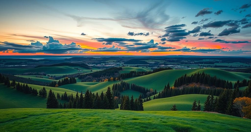 A scenic Canadian landscape symbolising change in politics, featuring rolling hills, trees, and a dramatic sky at twilight.