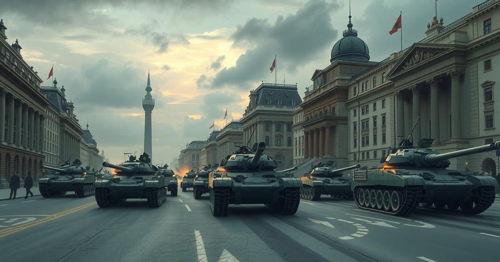 A dramatic military parade with tanks rolling down a city street, under grey skies, in a stylised patriotic theme.