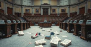 A Senate chamber scene with empty desks, government papers, and voting props symbolising political decision-making.