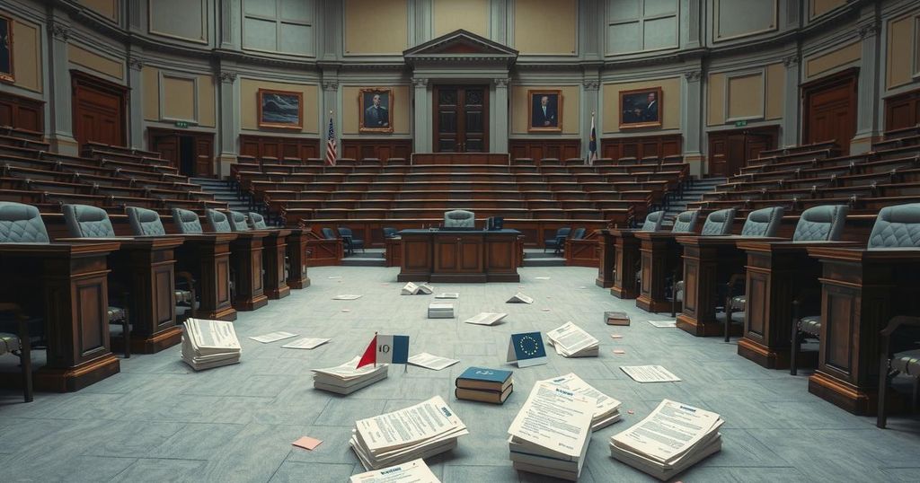 A Senate chamber scene with empty desks, government papers, and voting props symbolising political decision-making.