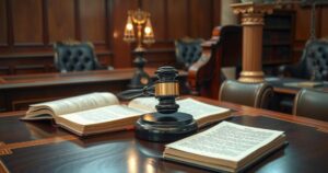 A gavel on a legal desk symbolizes law enforcement and justice in a courtroom setting.