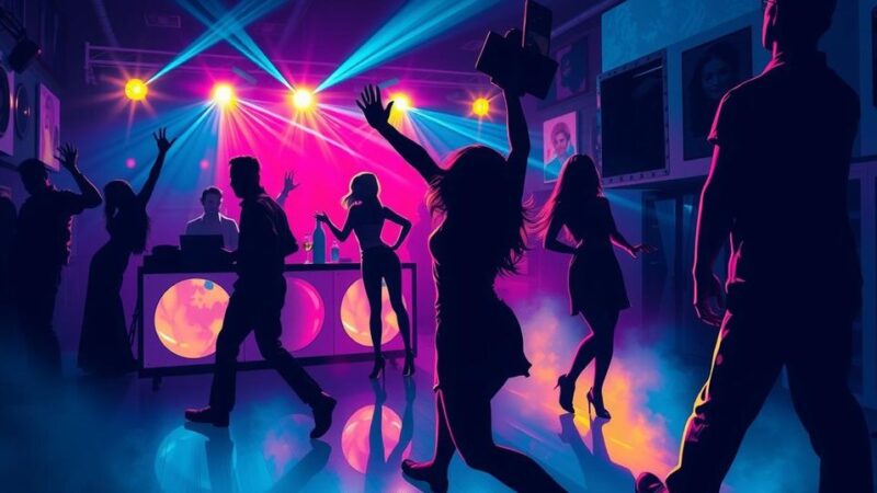 A dramatic silhouette of a party scene with shadowy figures, bright party lights, and a muted colour palette.