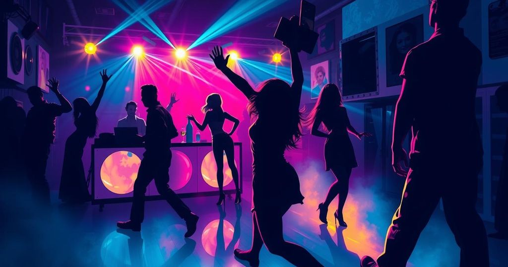 A dramatic silhouette of a party scene with shadowy figures, bright party lights, and a muted colour palette.