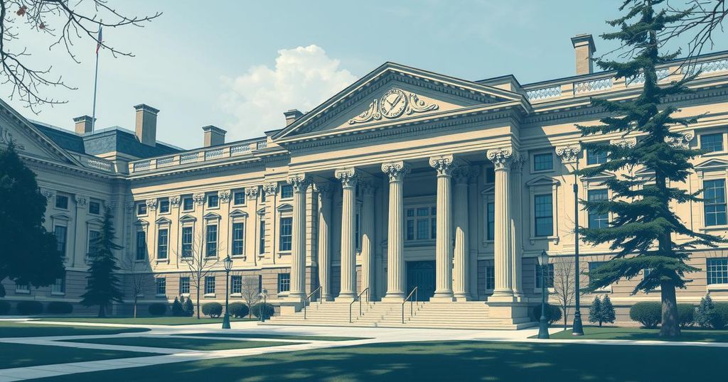 Illustration of a university campus representing educational funding conflicts, with an academic building and school emblem.