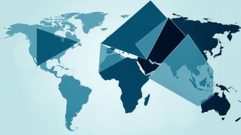 A conceptual image depicting global trade and investment challenges with abstract shapes and muted blues and greys.
