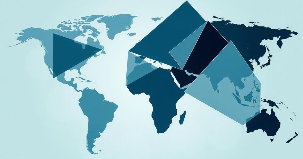A conceptual image depicting global trade and investment challenges with abstract shapes and muted blues and greys.