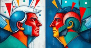 A vibrant political debate scene with colourful abstract shapes representing differing opinions and discussions.