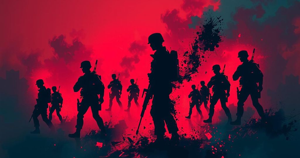 A conceptual illustration of military presence against a backdrop of tumultuous scenes symbolizing internal conflict and unrest.