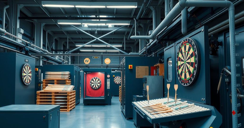 A factory setting with machinery, wooden darts, and dartboards highlighting local manufacturing in Pennsylvania.