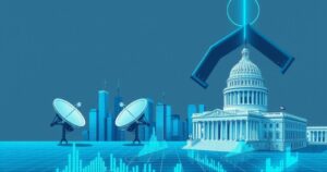 A conceptual illustration of political power represented by technology and infrastructure symbols.
