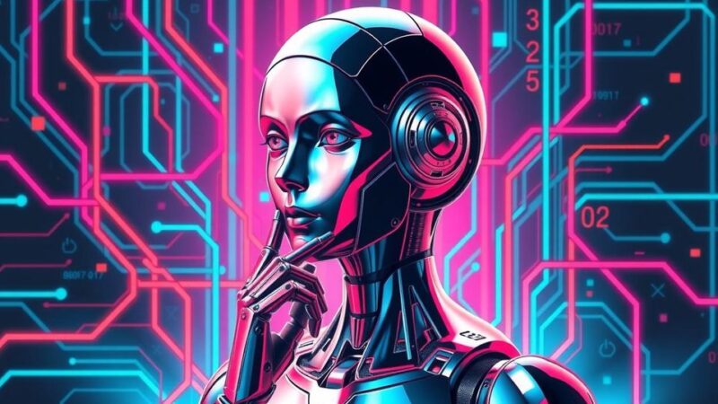 Digital representation of an AI robot with tech elements pondering, colourful data streams in the background, modern style.