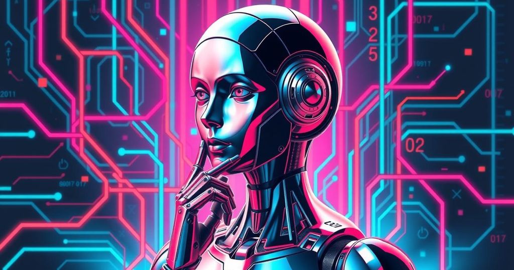 Digital representation of an AI robot with tech elements pondering, colourful data streams in the background, modern style.