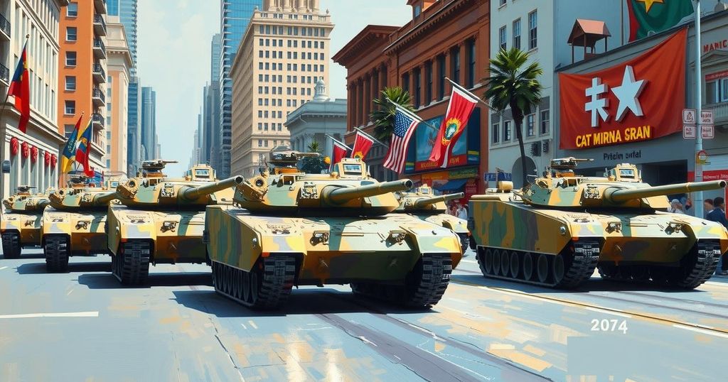 A vividly coloured, dynamic scene depicting a military parade with tanks and military vehicles, set in a cityscape.