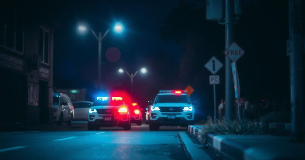 A haunting dark scene of a metropolitan street at night, symbolizing political unrest, with police lights reflecting in the shadows.